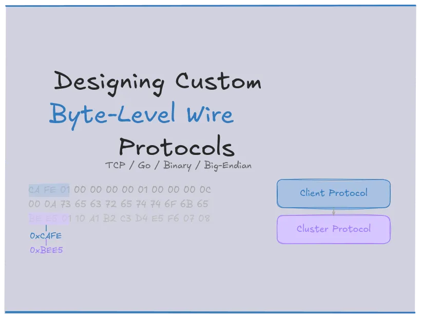 Horizontal stacked text saying: Designing Custom Byte-Level Wire Protocols, with hex dump bytes and protocol box labels on a dark background.