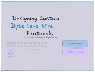 Horizontal stacked text saying: Designing Custom Byte-Level Wire Protocols, with hex dump bytes and protocol box labels on a dark background.